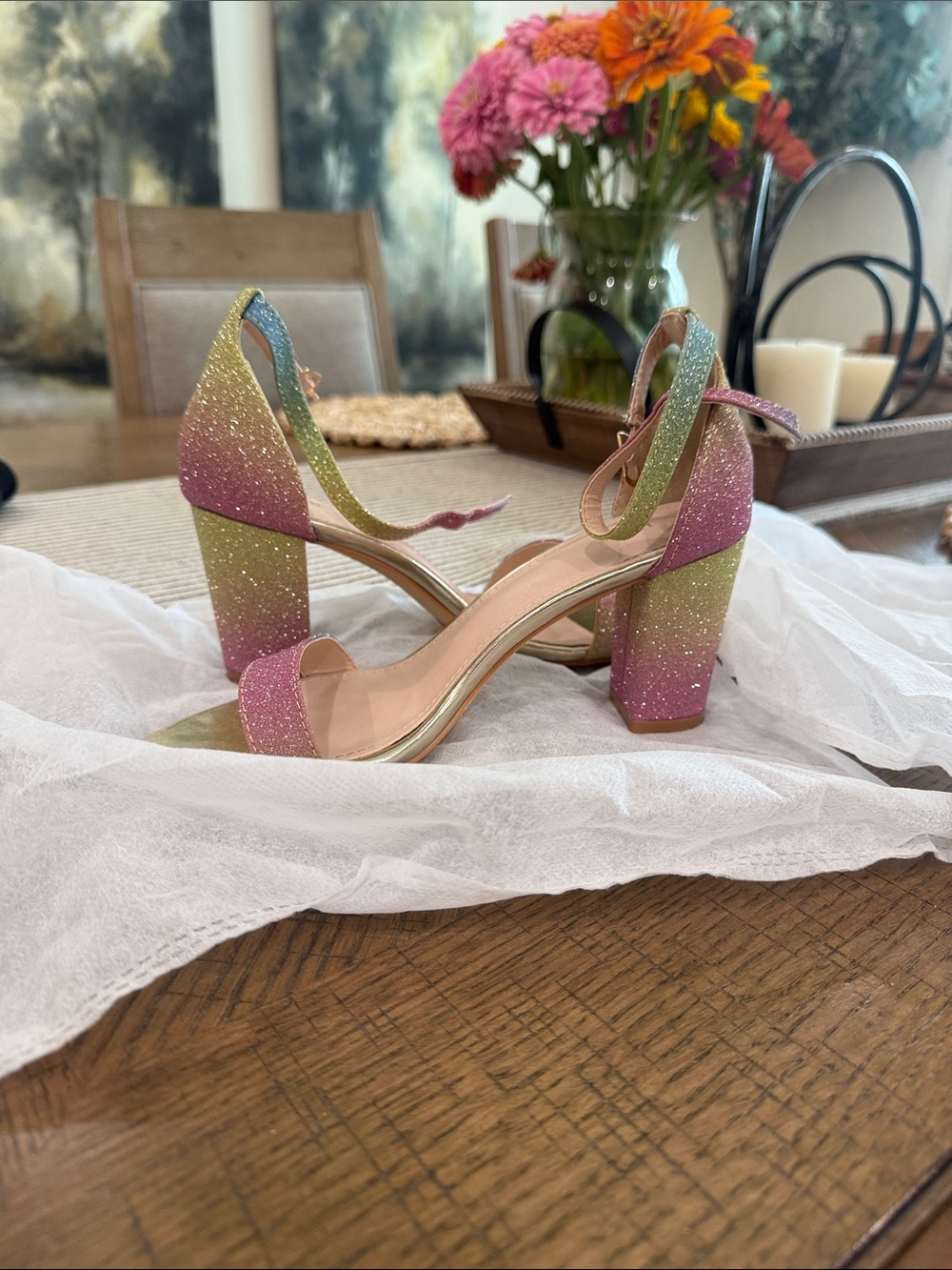 Glitter Ombre Block Heel Sandals - Pink Green